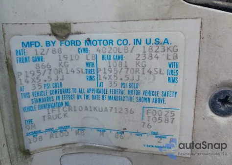 1989 Ford Ranger z USA, uszkodzony, nr VIN 1FTCR10A1KUA71236